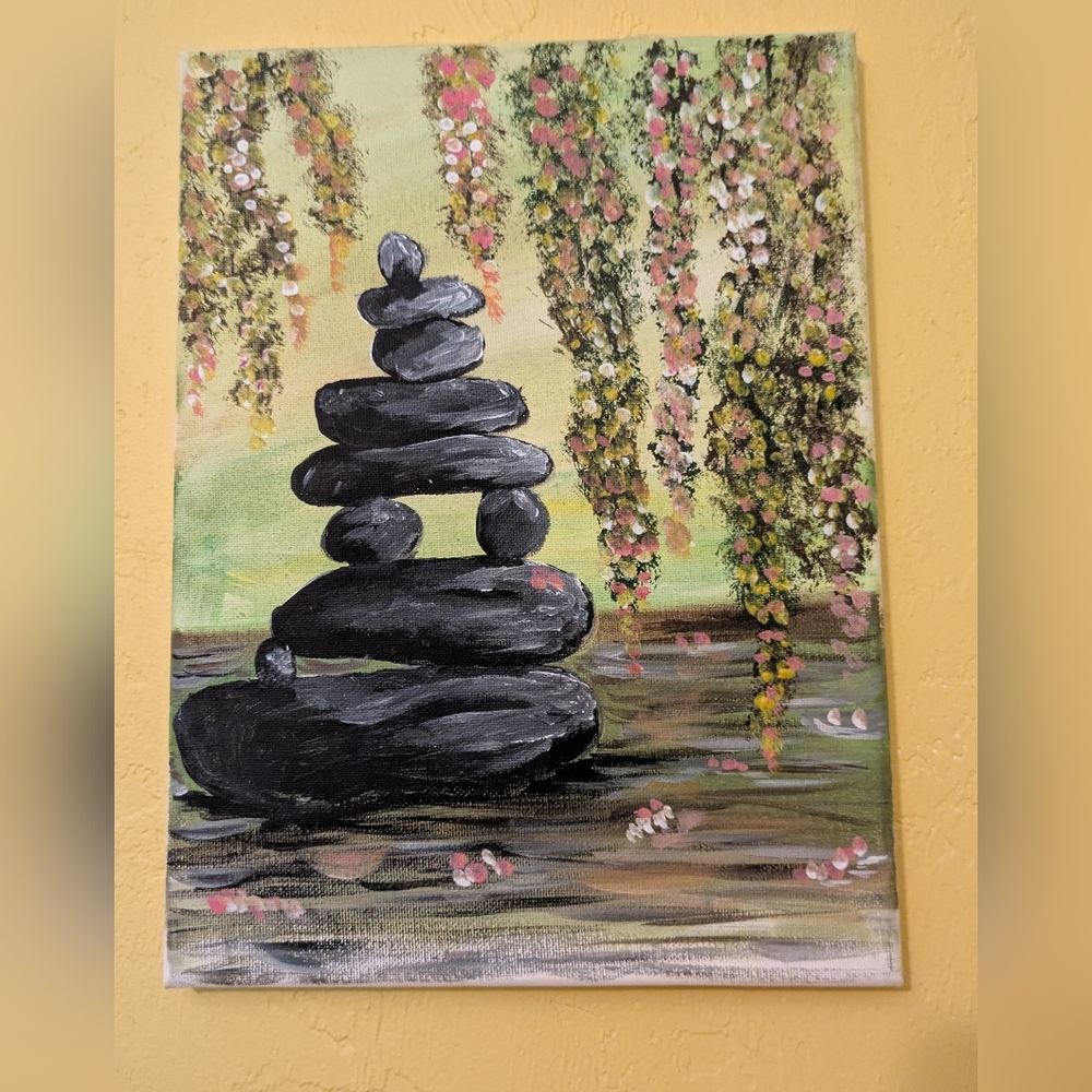 Hand Painted By Seller Serene Black and Green Zen Stone Canvas Art